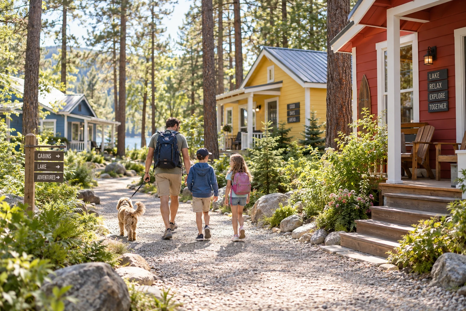 A family walking with a dog toward colorful forest cabins