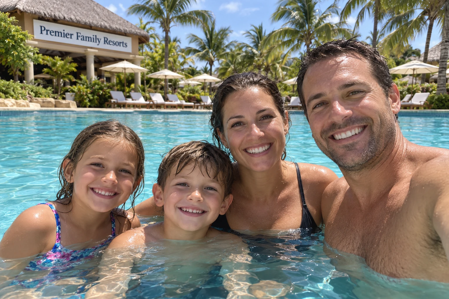 A family of four laughing together in a resort pool